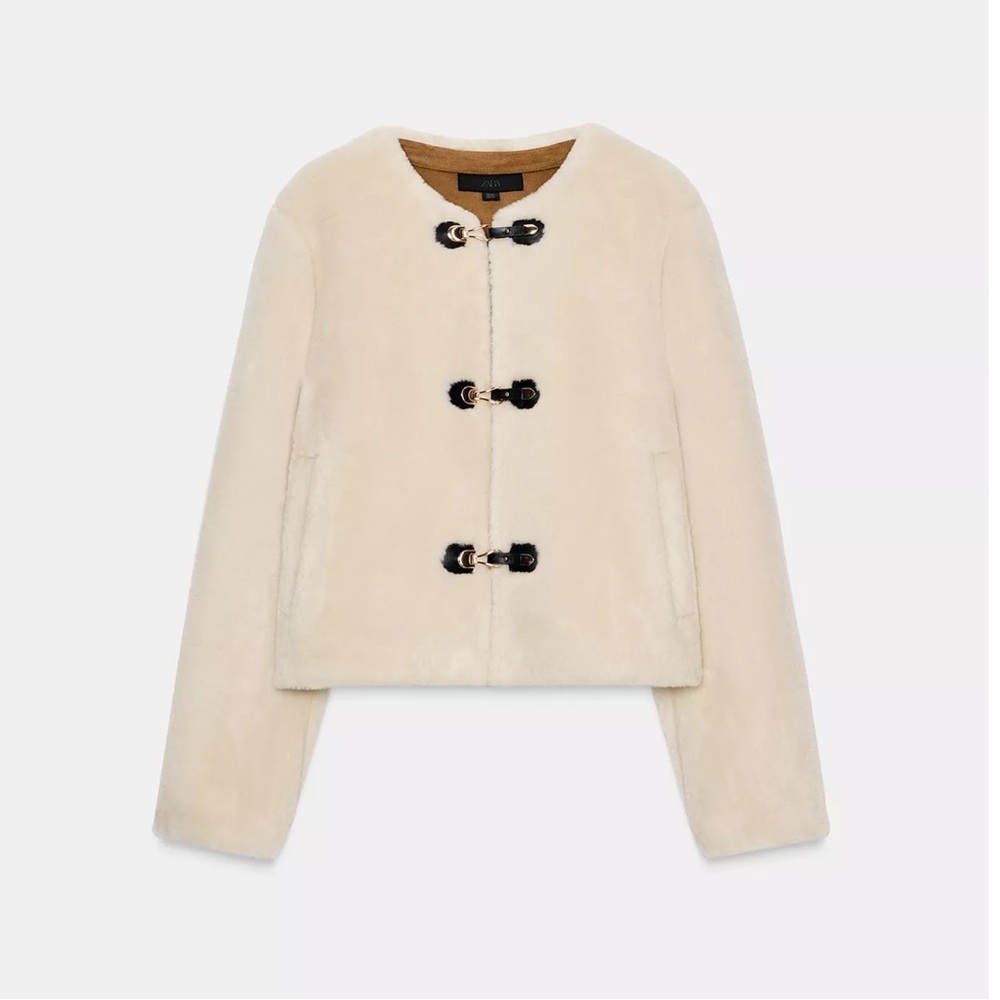 Zara Faux Fur Jacket with Fireman Clasp Ecru NWT - Picture 5 of 7